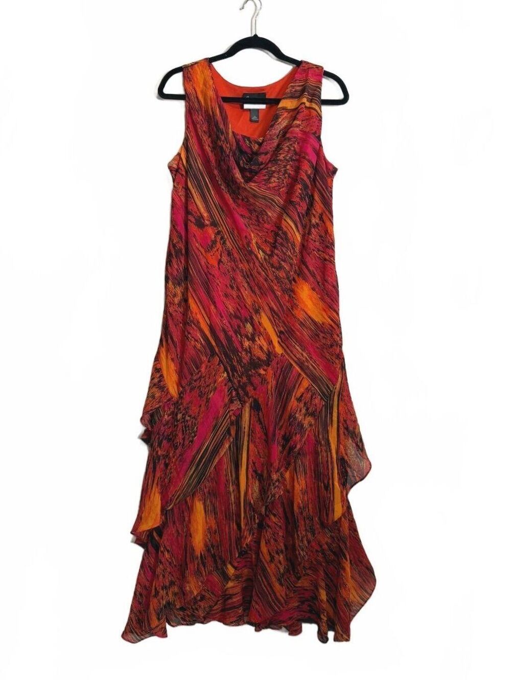 Pink and Orange Abstract Ruffle Hem Long Maxi Dress